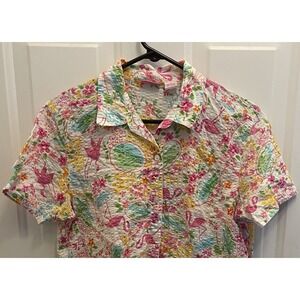 Pappagallo‎ Pink Flamengo Tropical Button Cotton Shirt Womens Large